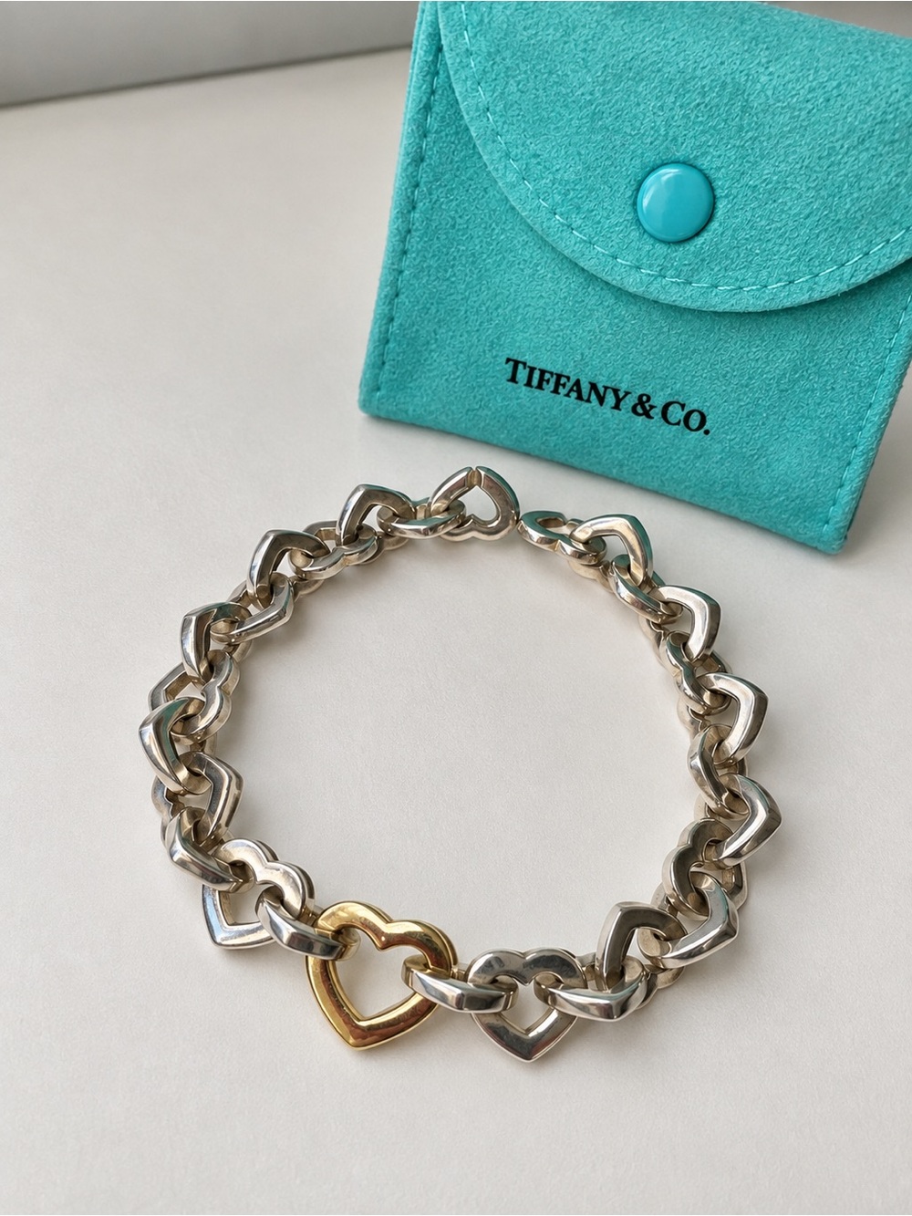 Vintage Tiffany & Co. 2000 Heart Link Bracelet Sterling Silver 18K Gold 7.5
